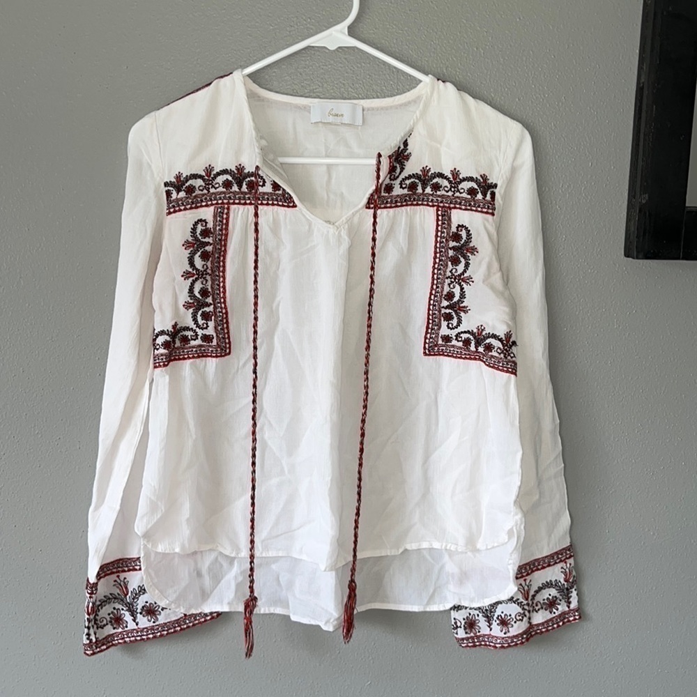 braeve White Long Sleeve Blouse with Red & Black Embroidered Detail